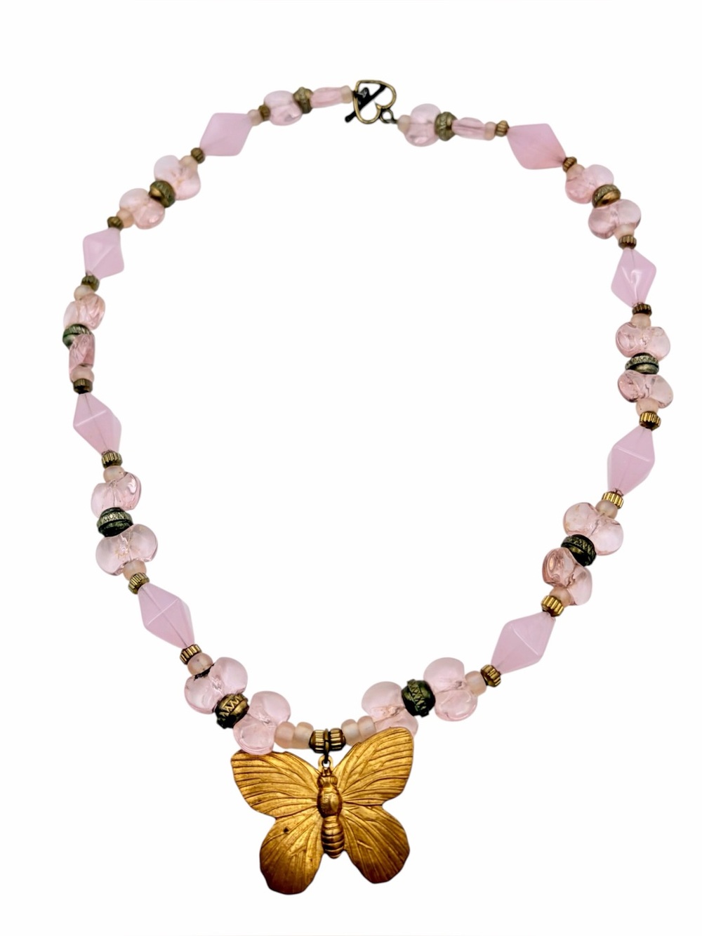 Vintage Pink Glass Sterling Silver Brass Butterfly Necklace